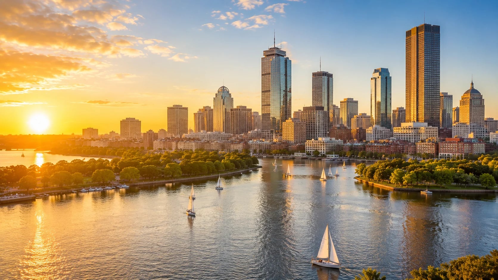 Boston skyline at sunset over the Charles River with Back Bay towers and sailboats
