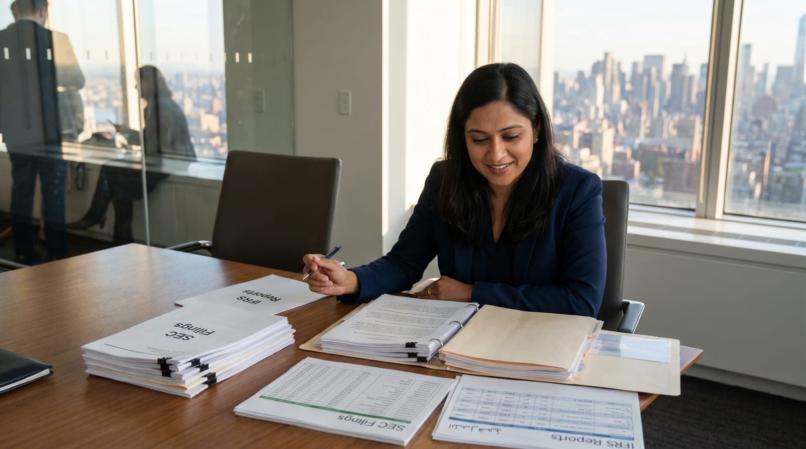 Financial analyst working through regulated filings prepared for translation