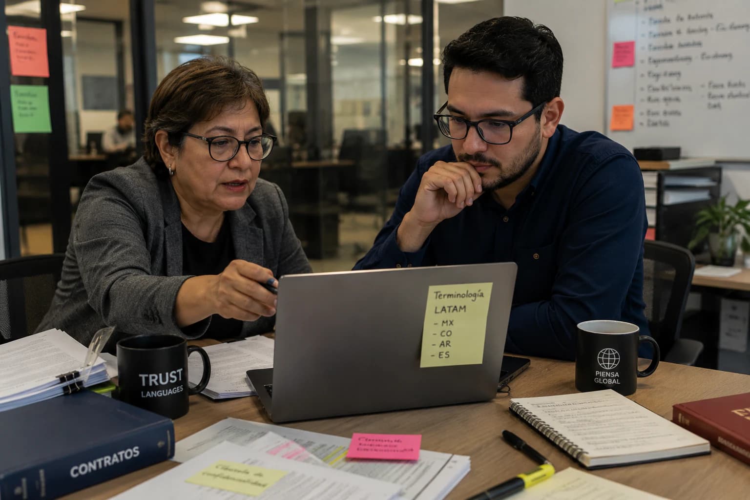 Translator checking contract terminology against a client glossary on screen
