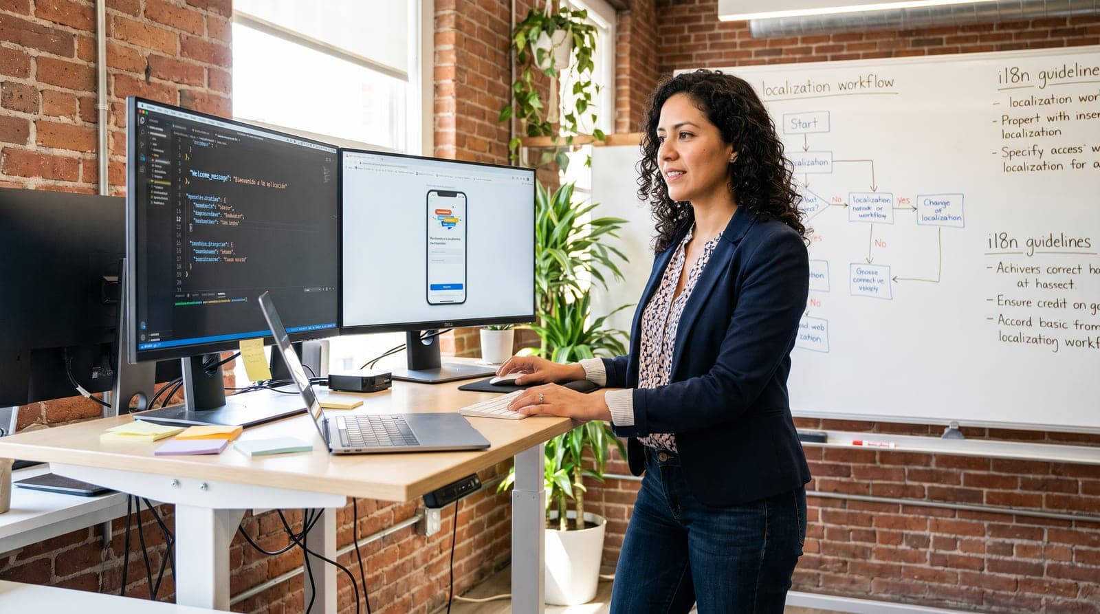 Localization manager mapping a product localization workflow on a whiteboard