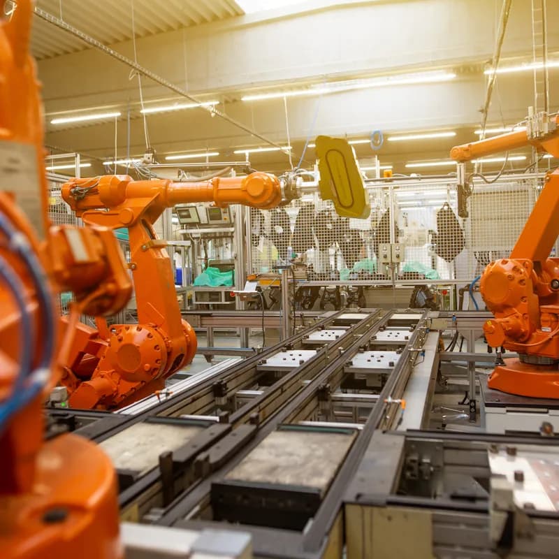 Robotic assembly line on a manufacturing floor with multilingual safety documentation