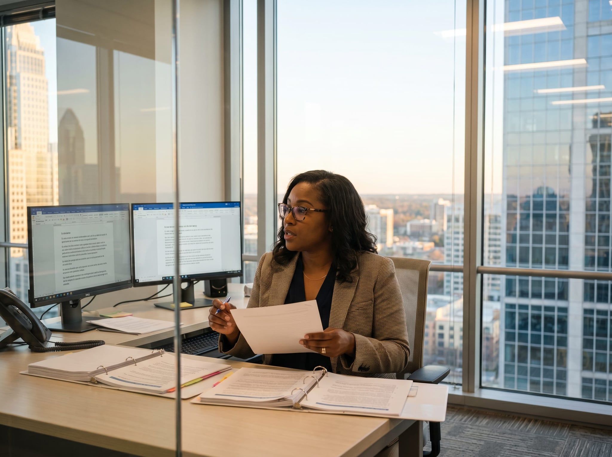 Translators working on technical documents in a modern Charlotte office