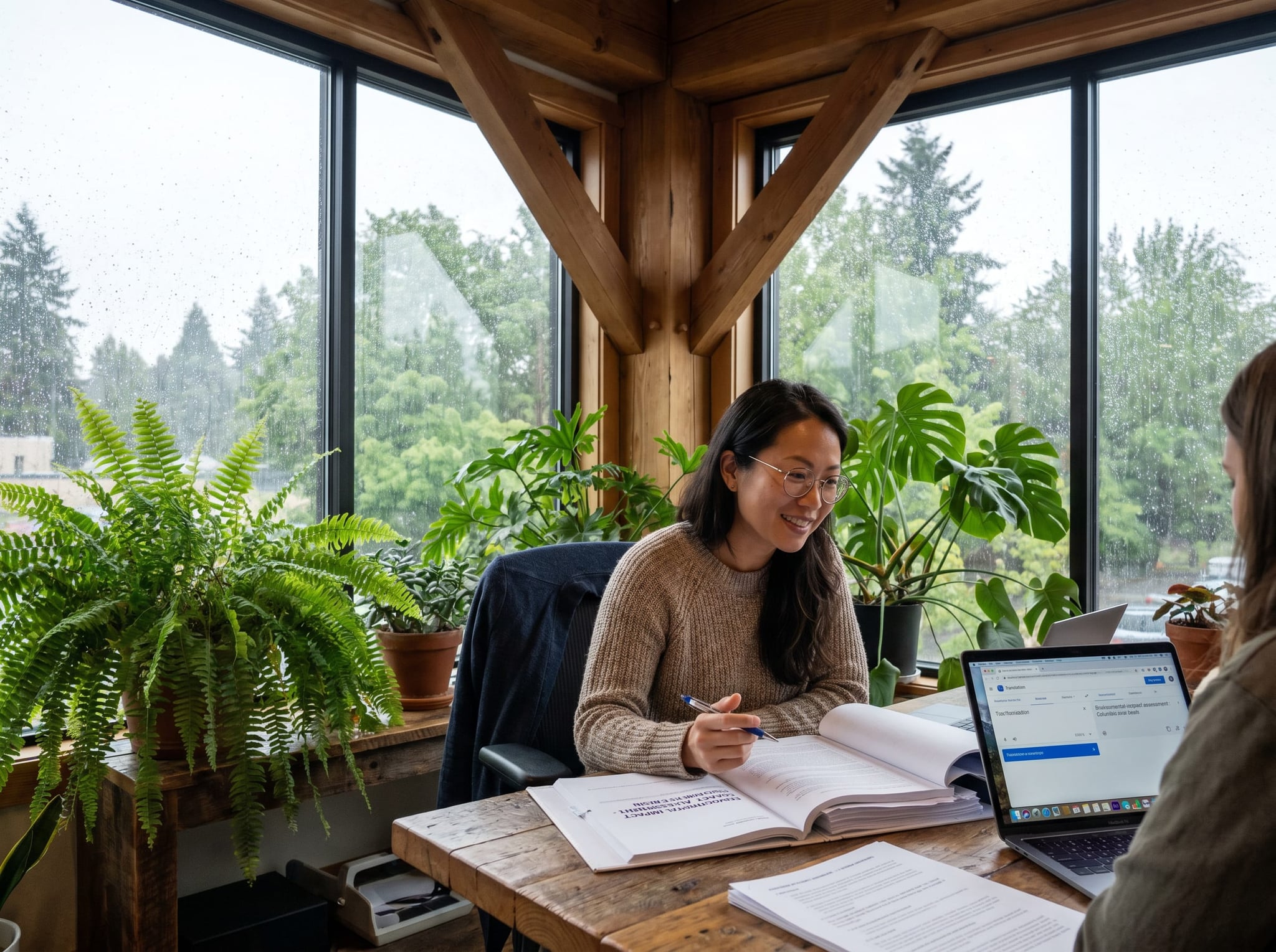 A bustling Portland tech office with diverse professionals collaborating