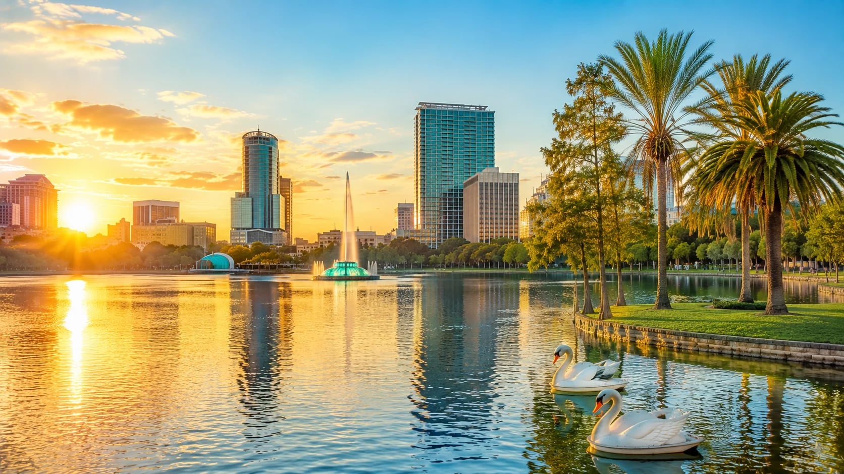 Orlando skyline at sunset over Lake Eola with the fountain, swan boats, and palm trees