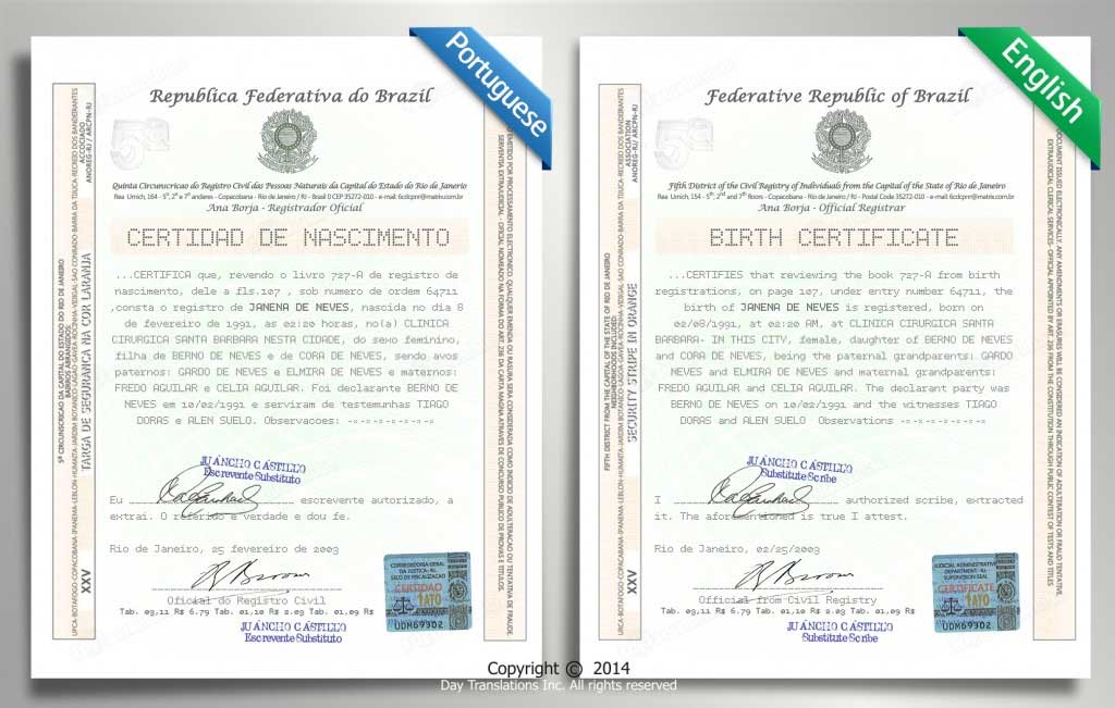Certified Translation Example - Portuguese to English Birth Certificate