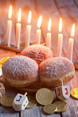 Menorah Doughnuts Chockolate Coins and Wooden dreidels