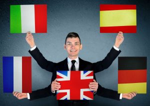 Business man with languages board