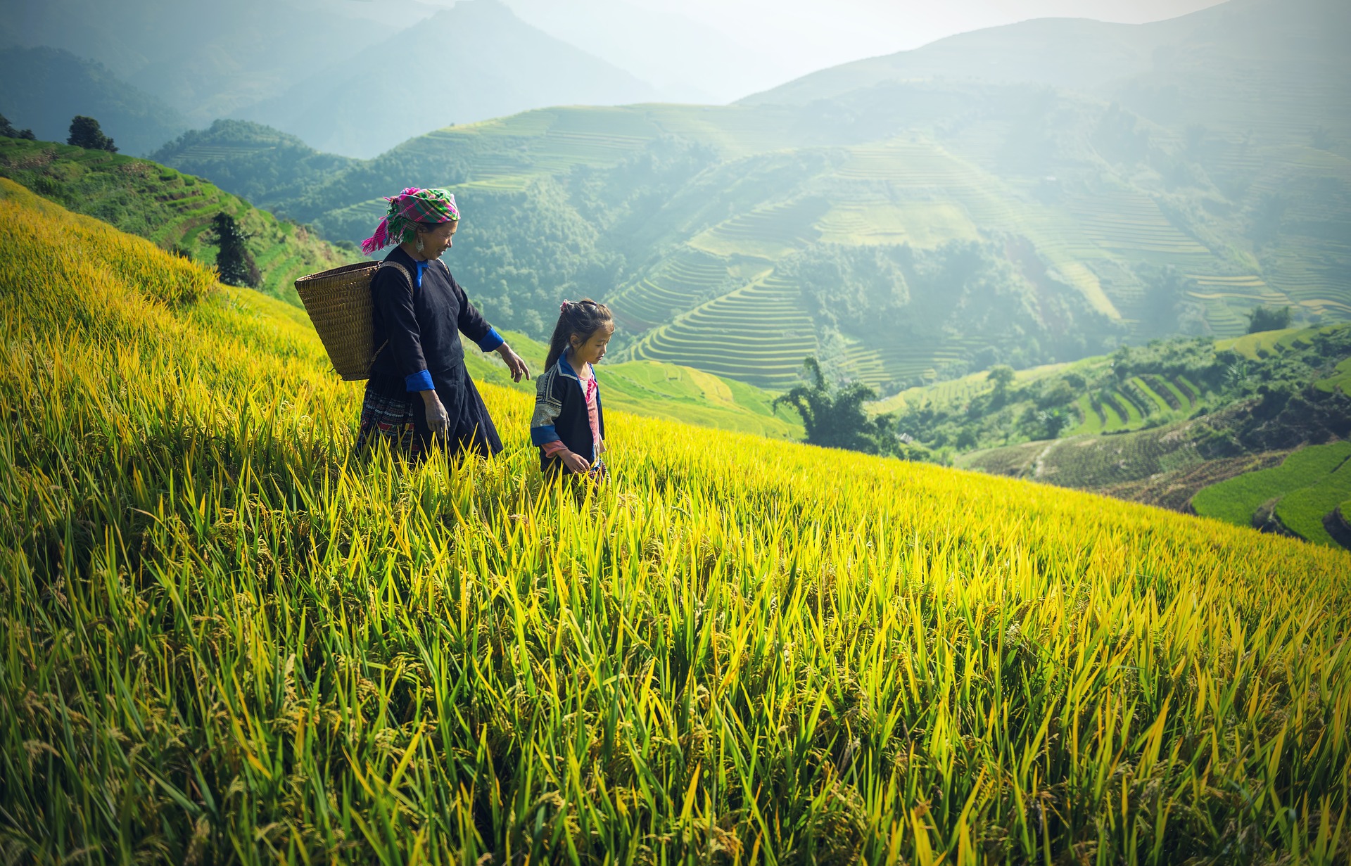 Hmong mother and daughter walking