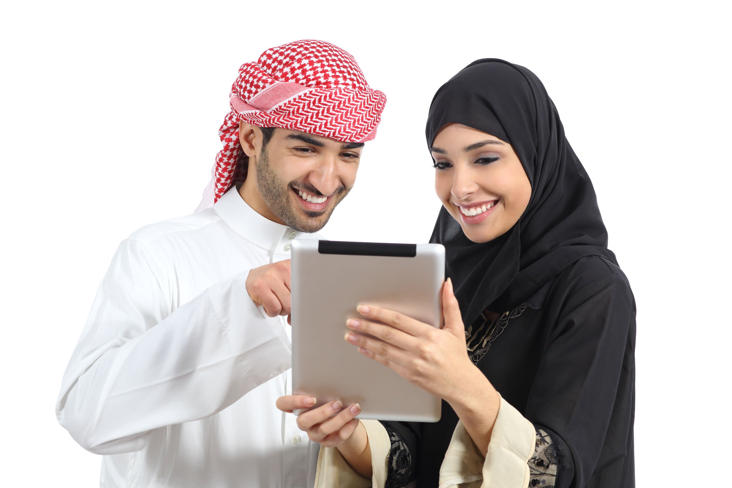 arab couple using tablet teaching anyone who wants to learn arabic