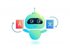 blue robot holding two language dictionaries for language translations