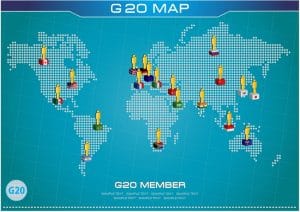 2018 G20 members on a digital global map