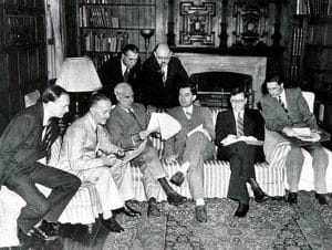 Informal meeting in the Study at Dumbarton Oaks. Seated from left to right - Peter Loxley, Alexander Cadogan, Edward R Stettinius Jr, Andrei Gromyko, Arkady A Sobolev, Valentin M Berezhkov, Standing from left to right - James Clement Dunn, Leo Pasvolsky National Archives Washington DC 1944