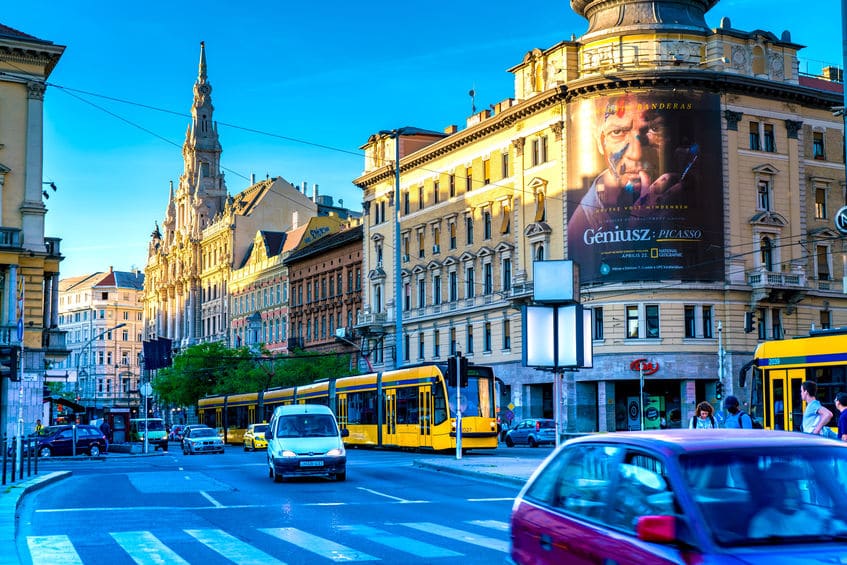 Busy street of Blaha Lujza square in Budapest, in Hungary