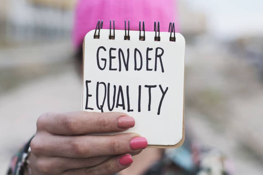hand of a woman showing a gender equality message for International Women's Day