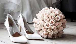wedding shoes and buquet