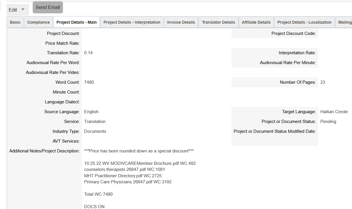 Example of CRM tool for translation projects