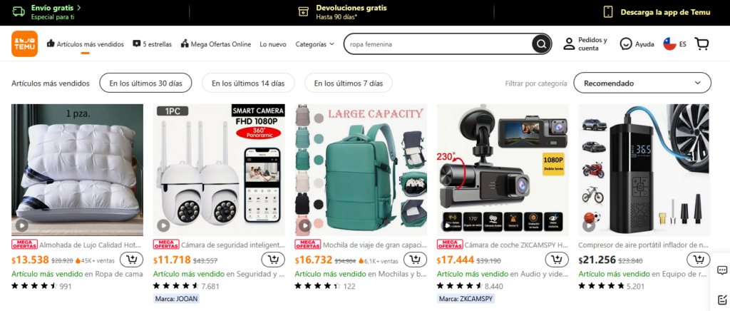 Temu website in Spanish, with local currency shown for Chilean online shoppers.