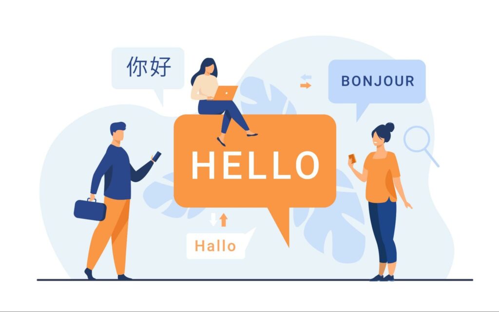 Illustrated graphic of characters on phones or laptops translating text with words in different languages appearing around them.