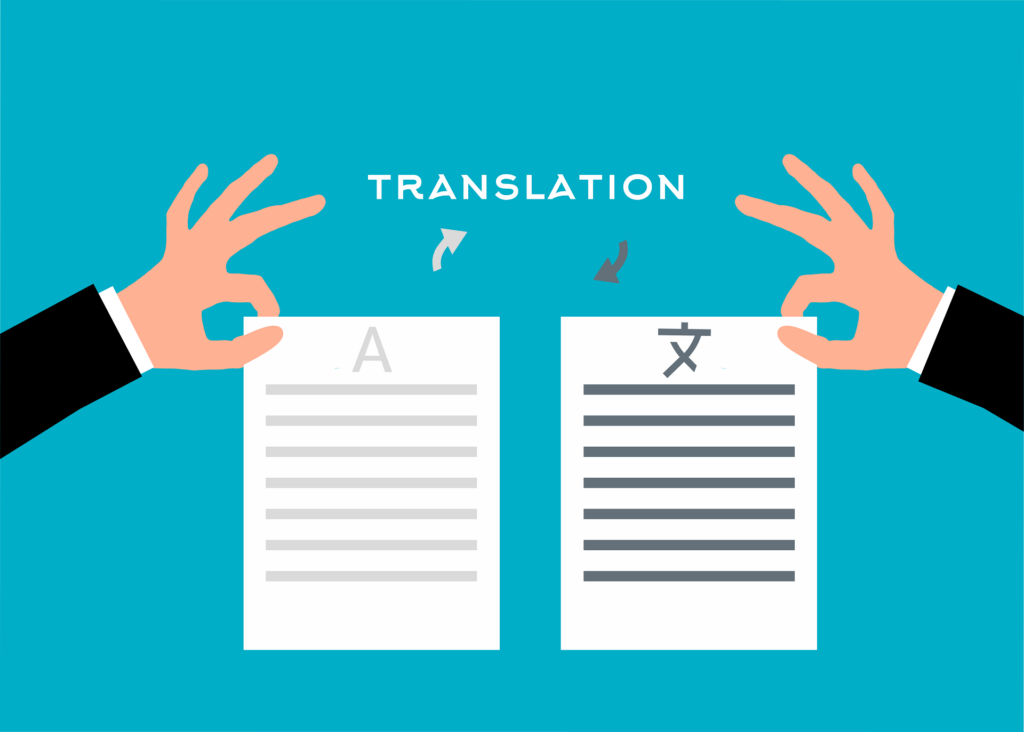An illustrated picture of two hands, each holding a piece of paper and the word translation.
