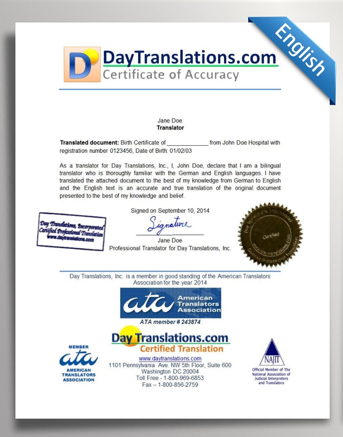 Certificate Of Accuracy - Day Translations, Inc.