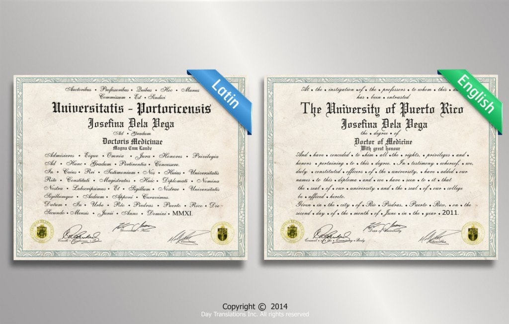 Latin to English College Diploma Sample